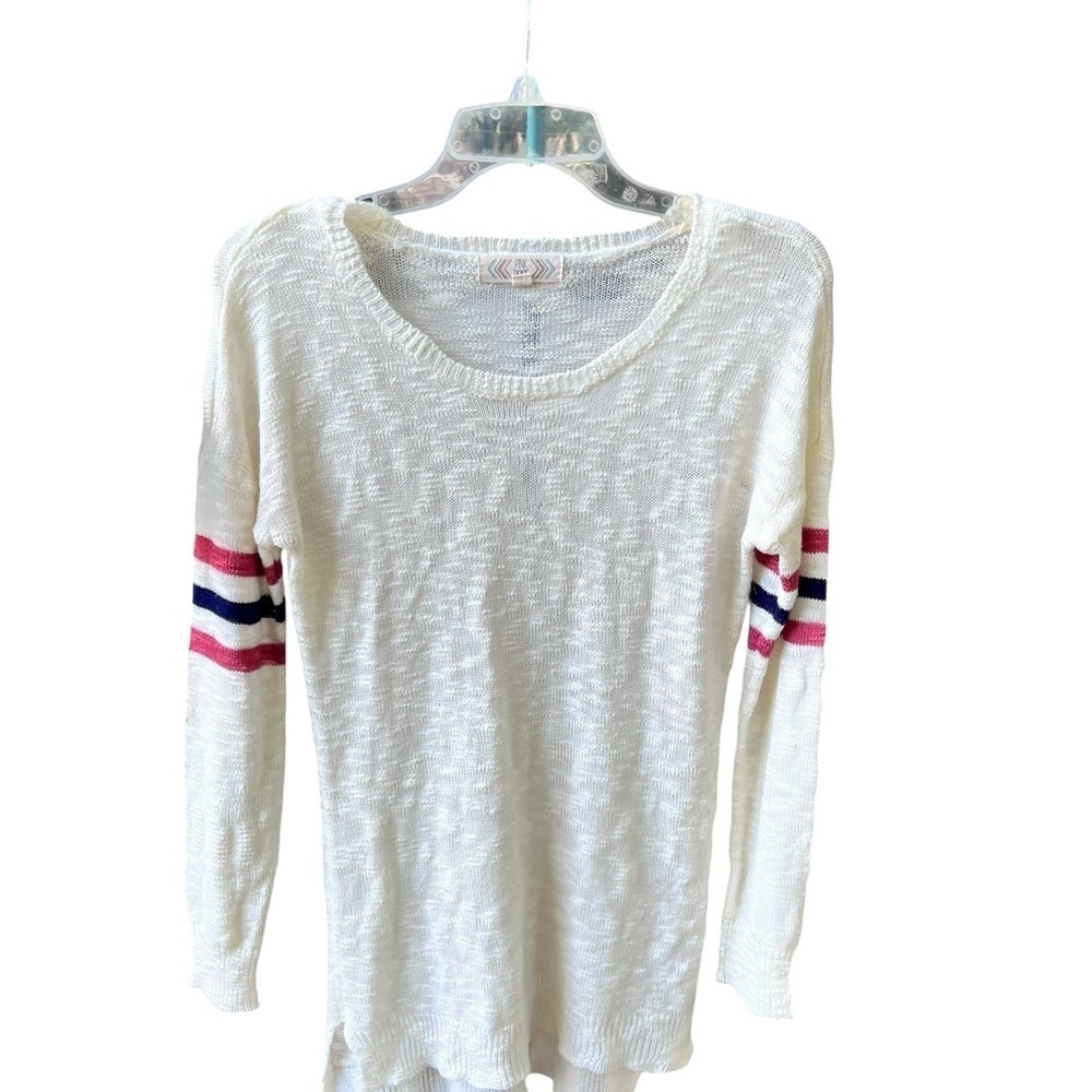 Pink Rose Cream & Red Fitted Tunic • Cuffed 3/4 Sleeve Knit Top • Women’s Size S